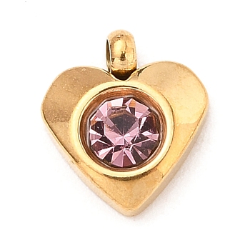 304 Stainless Steel Charms, with Acrylic Rhinestone, Faceted, Birthstone Charms, Heart, Golden, Light Rose, 8.2x7.2x3.2mm, Hole: 1mm