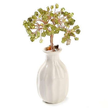 Natural Peridot Chips Money Tree Decorations, Porcelain Vase Base with Copper Wire Feng Shui Energy Stone Gift for Home Office Desktop Decoration, 48~62x140mm