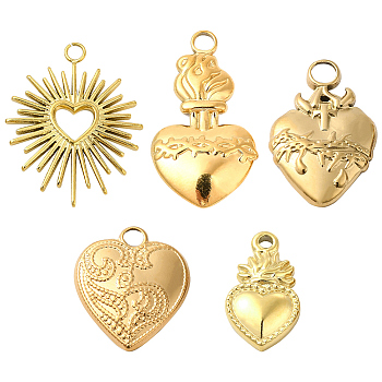 10Pcs 5 Style 304 Stainless Steel Pendants, Heart, Real 18K Gold Plated, 14~27x8~18x2~3mm, Hole: 1~3mm, 2pcs/style