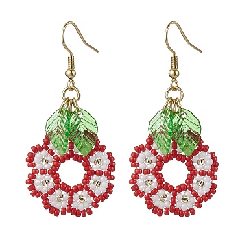 Handmade Seed Beads Dangle Earrings, Flower and Leaf, Red, 53.5x24mm