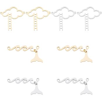 8Pcs 4 Styles 201 Stainless Steel Connector Charms, Cloud with Ladder and Fish Tail, Mixed Color, 28~29x5~28.5x1mm, Hole: 1.4~1.5mm, 2pcs/style