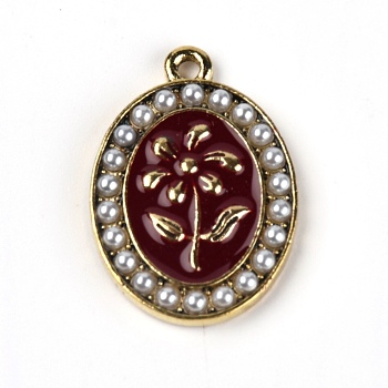 Alloy Enamel Pendants, with Plastic Imitation Pearl Beads, Oval with Rose Pattern, Light Gold, Dark Red, 24x17x2.5mm, Hole: 1.5mm