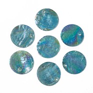 AB Color Plated Capiz Shell Pendants, Dyed, Flat Round, Dark Turquoise, 24~25x1~2mm, Hole: 1.5mm(X-SSHEL-T008-01A)