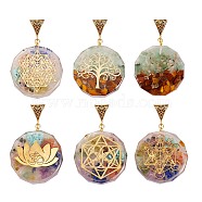 5Pcs 5 Style Transparent Epoxy Resin Pendants, with Natural Gemstone Chip and Antique Golden Tone Iron Peg Bail and Foil, with Brass Snap On Bails, Flat Round with Magic Circle & Tree of Life & Flower & Star of David, Colorful, 39.5x35.5x10.5~11.5mm, Hole: 5x9mm, 1pc/style(RESI-SZ0001-19)