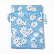 Burlap Packing Pouches Drawstring Bags, Rectangle, Deep Sky Blue, Flower, 13.5~14x10x0.35cm(ABAG-L016-A04)