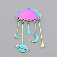 Ion Plating(IP) 201 Stainless Steel Pendants, Laser Cut, Cloud with Moon, Star & Planet, Rainbow Color, 49x27.5mm, Hole: 1.5mm(STAS-S105-LA588)