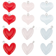 36Pcs 6 Styles Transparent & Opaque Resin Pendants, Glitter Heart Charms with Platinum Tone Iron Loops, Mixed Color, 18.5~25x20.5~21.5x5~6mm, Hole: 2mm, 6pcs/style(RESI-SC0002-97)