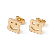 304 Stainless Steel Square with Smile Face Stud Earrings, Star & Heart Asymmetrical Earrings for Women, Golden, 8x8mm, Pin: 0.8mm(EJEW-E163-03G)
