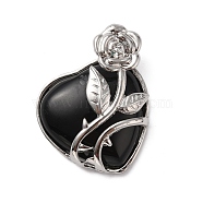 Natural Obsidian Pendants, Heart Charms, with Rack Plating Platinum Tone Alloy Rose, Cadmium Free & Lead Free, 41~42x37~38x11~12mm, Hole: 5.3x5.2mm(G-B042-01P-01)