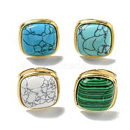 304 Stainless Steel Open Cuff Rings, Synthetic Malachite & Turquoise Square Finger Rings for Women Men, Real 18K Gold Plated, Adjustable(RJEW-C079-12G)