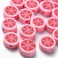 Handmade Polymer Clay Beads, Flat Round with Flower, Indian Red, 9~10x4~5mm, Hole: 1.4mm(CLAY-T020-14D)