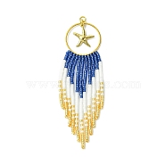 Handmade MIYUKI Round Rocailles Seed Loom Pattern, Ring with Starfish Tassel Pendants, Dark Blue, 95x26x2mm(PALLOY-MZ00210)