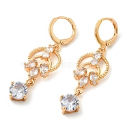 Rack Plating Golden Brass Dangle Leverback Earrings, with Cubic Zirconia, Flower, Clear, 45x13mm(EJEW-B037-13G)