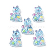 Transparent Resin Bowknot Kitten Decoden Cabochons, Cat Shape with Glitter Powder, Light Sky Blue, 28x20x7mm(RESI-M045-07E)