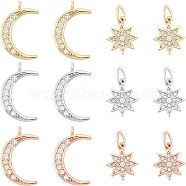 12Pcs 6 Style Brass Micro Pave Clear Cubic Zirconia Charms, with Jump Ring, Star & Moon, Mixed Color, 11.5~14.5x9.5~10x1.5~2mm, Hole: 1~3.5mm, 2pcs/style(KK-FH0003-88)