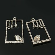 Alloy Pendants, Rectangle with Bird, Lead Free and Cadmium Free, Antique Silver, 34x19x2.5mm, Hole: 2mm(EA11655Y-AS)