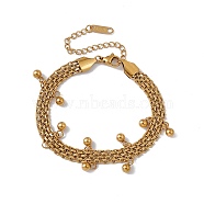 316 Stainless Steel Round Ball Charm Bracelet with Mesh Chains for Women, Golden, 6-1/2 inch(16.5cm)(BJEW-G655-03G)