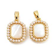 Brass Pave Shell Pendants, with ABS Plastic Imitation Pearl, Rectangle Charm, Real 18K Gold Plated, 15.5x11.5x5mm, Hole: 4.8x2.7mm(KK-G490-43G)