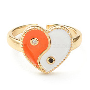 Brass Micro Pave Cubic Zirconia Finger Rings, with Enamel, Long-Lasting Plated, Real 18K Gold Plated, Heart, Orange, US Size 7 3/4(17.9mm), 2.5mm, Inner Diameter: 18mm(RJEW-P021-01E)