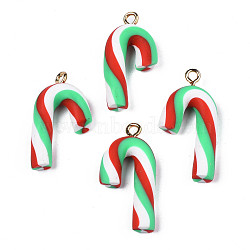 Handmade Polymer Clay Pendants, with Light Gold Iron Loop, Candy Cane, for Christmas, Light Green, 26.5~29x13.5~14x5mm, Hole: 2mm(CLAY-N010-052)