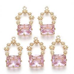 Golden Tone Brass Pendants, with Faceted Glass, Pearl Pink, 28~30x16~18x6.5mm, Hole: 1.6mm(GLAA-R212-09E)