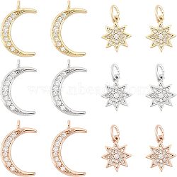 12Pcs 6 Style Brass Micro Pave Clear Cubic Zirconia Charms, with Jump Ring, Star & Moon, Mixed Color, 11.5~14.5x9.5~10x1.5~2mm, Hole: 1~3.5mm, 2pcs/style(KK-FH0003-88)