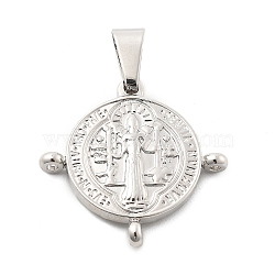 Brass Religion Saint Benedict Medal Chandelier Component Links, Platinum, Rack Plating, Lead Free & Cadmium Free, Long-Lasting Plated, Flat Round, 27.5x28x4mm, Hole: 8mm(KK-L228-22A-P)