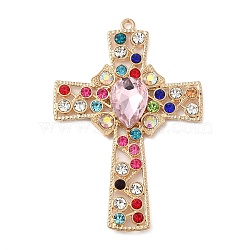 Alloy Rhinestone Big Pendants, Cross Charms, Colorful, 76x52x6.5mm, Hole: 2.3mm(ALRI-F074-05G)