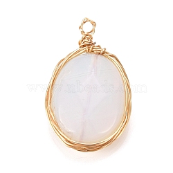 Opalite Pendants, Wire Wrapped Pendants, with Light Gold Plated Eco-Friendly Copper Wire, Faceted, Oval, 21~24x13~14x6~6.5mm, Hole: 1.5~2.5mm(PALLOY-JF00467-02)