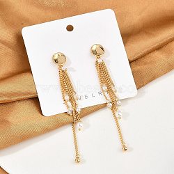 Brass ABS Plastic Pearl Tassel Stud Earrings, with Glass, Oval, Real 18K Gold Plated, 89.5x10.5mm(EJEW-U040-11G)