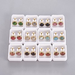 304 Stainless Steel Earlobe Plugs, Screw Back Earrings, with Synthetic Gemstone and Cat Eye, Half Round, Mixed Color, Golden, 8mm, Pin: 1mm, 12pairs/card(EJEW-F227-20G-A)
