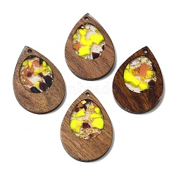 Wood & Resin Pendant, with Gold Foil, Teardrop Charms, Yellow, 38x25.5x3mm, Hole: 2mm(WOOD-H104-23-06)