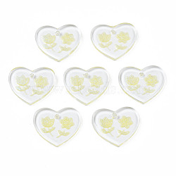 Transparent Resin Pendants, with Glitter Powder, Heart with Flower, Champagne Yellow, 17x20x2mm, Hole: 1.4mm(RESI-N030-001D)