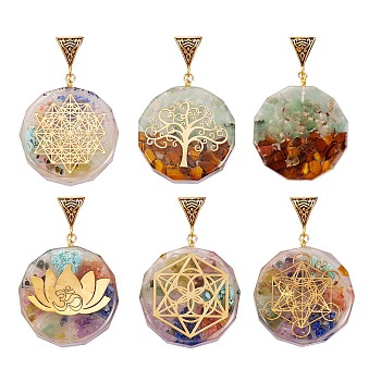 5Pcs 5 Style Transparent Epoxy Resin Pendants, with Natural Gemstone Chip and Antique Golden Tone Iron Peg Bail and Foil, with Brass Snap On Bails, Flat Round with Magic Circle & Tree of Life & Flower & Star of David, Colorful, 39.5x35.5x10.5~11.5mm, Hole: 5x9mm, 1pc/style