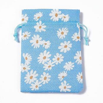 Burlap Packing Pouches Drawstring Bags, Rectangle, Deep Sky Blue, Flower, 13.5~14x10x0.35cm