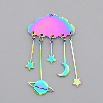 Ion Plating(IP) 201 Stainless Steel Pendants, Laser Cut, Cloud with Moon, Star & Planet, Rainbow Color, 49x27.5mm, Hole: 1.5mm