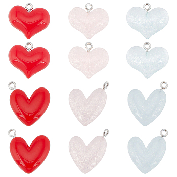 36Pcs 6 Styles Transparent & Opaque Resin Pendants, Glitter Heart Charms with Platinum Tone Iron Loops, Mixed Color, 18.5~25x20.5~21.5x5~6mm, Hole: 2mm, 6pcs/style