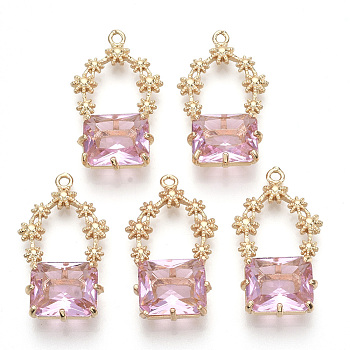 Golden Tone Brass Pendants, with Faceted Glass, Pearl Pink, 28~30x16~18x6.5mm, Hole: 1.6mm