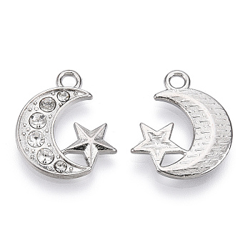 Alloy Pendants, with Crystal Rhinestone, Cadmium Free & Lead Free, Moon with Star, Platinum, 19.5x16.5x2mm, Hole: 2mm