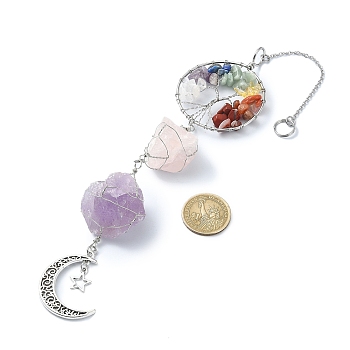 Wire Wrapped Natural Amethyst & Rose Quartz Pouch Pendant Deorations, with Gemstone Chip Tree of Life Link and Alloy Hollow Moon Pendant, 310~325mm