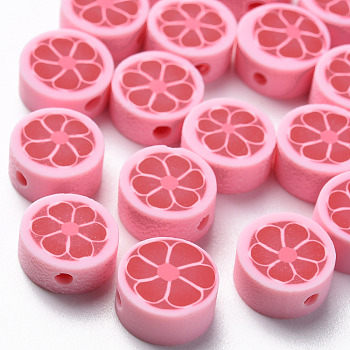 Handmade Polymer Clay Beads, Flat Round with Flower, Indian Red, 9~10x4~5mm, Hole: 1.4mm