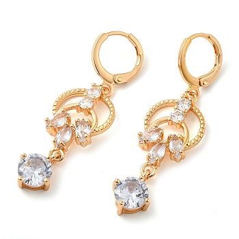 Rack Plating Golden Brass Dangle Leverback Earrings, with Cubic Zirconia, Flower, Clear, 45x13mm