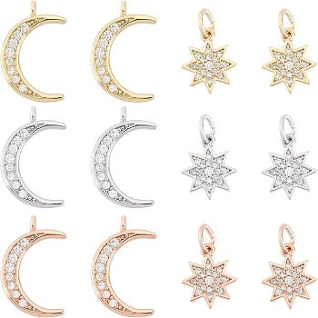 12Pcs 6 Style Brass Micro Pave Clear Cubic Zirconia Charms, with Jump Ring, Star & Moon, Mixed Color, 11.5~14.5x9.5~10x1.5~2mm, Hole: 1~3.5mm, 2pcs/style