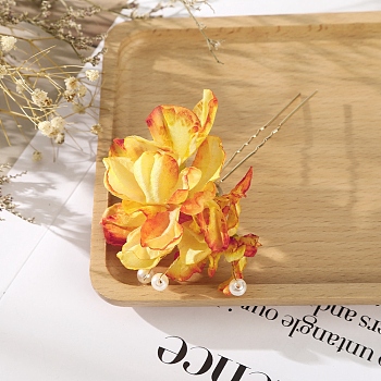 Simulation Flower Hair Forks, Wedding Bridal Hairpin, U Shaped Hair Clip Hair Accessories, Gold, 110x70mm