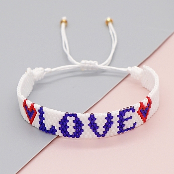 Friendship Word LOVE Loom Pattern MIYUKI Seed Beads Bracelets for Women, Adjustable Nylon Cord Braided Bead Bracelets, Indigo, 11 inch(28cm)