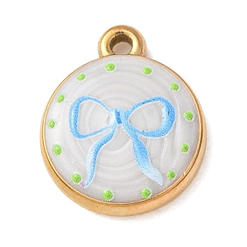 Printed 304 Stainless Steel Pendants, with Enamel, Round with Bowknot Pattern Charms, Golden, 18.5x15x4mm, Hole: 1.7mm