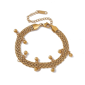 316 Stainless Steel Round Ball Charm Bracelet with Mesh Chains for Women, Golden, 6-1/2 inch(16.5cm)