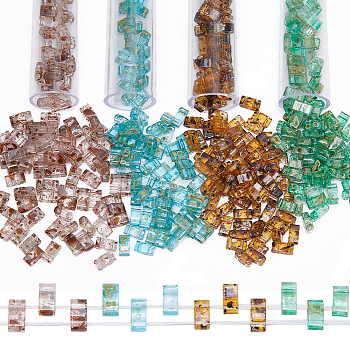 400Pcs 4 Colors 2-Hole Transparent Glass Seed Beads, Antique Style, Rectangle, Mixed Color, 4.5~5.5x2x2~2.5mm, Hole: 0.5~0.8mm, 100Pcs/color