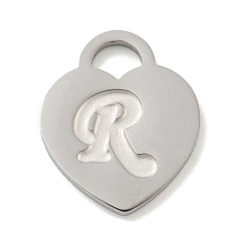 304 Stainless Steel Pendants, Laser Cut, Heart with Letter Charm, Stainless Steel Color, Letter R, 15x12x1mm, Hole: 3x3.5mm