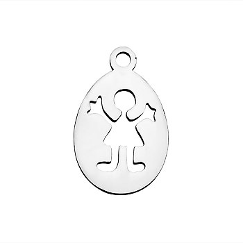 201 Stainless Steel Pendants, Oval with Girl, Stainless Steel Color, 16x10x1.1mm